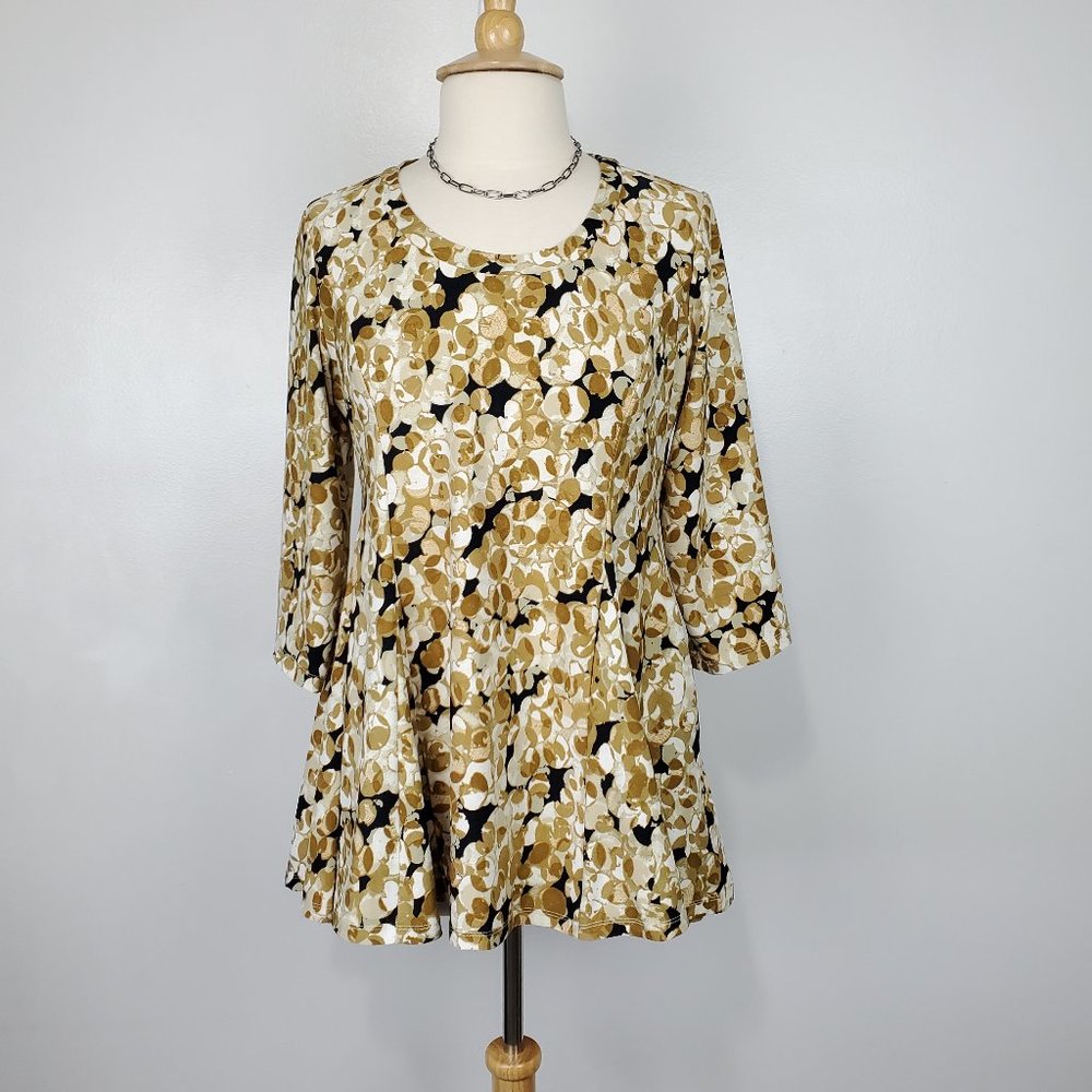 Attitudes by Renee Mocha Jersey Knit Printed Godet Top With Pockets SizeMP